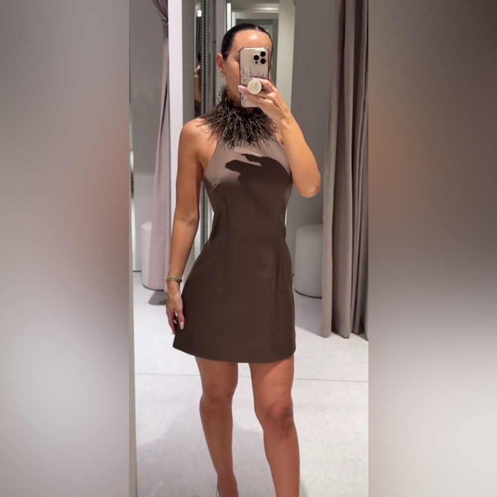 Zara NWT ZW Collection Brown Satin Feather Halter Mini Dress (Size Large)